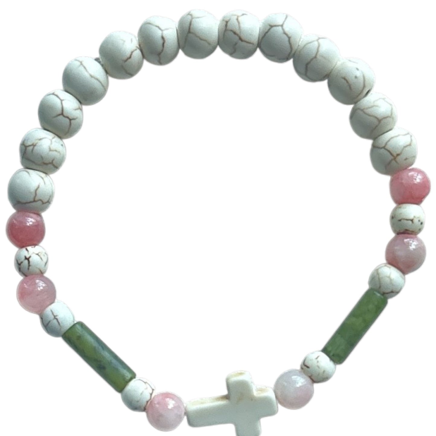 House of Lux Gifts handmade stretch bracelet featuring white turquoise beads, pink and green jade, and a cross charm.