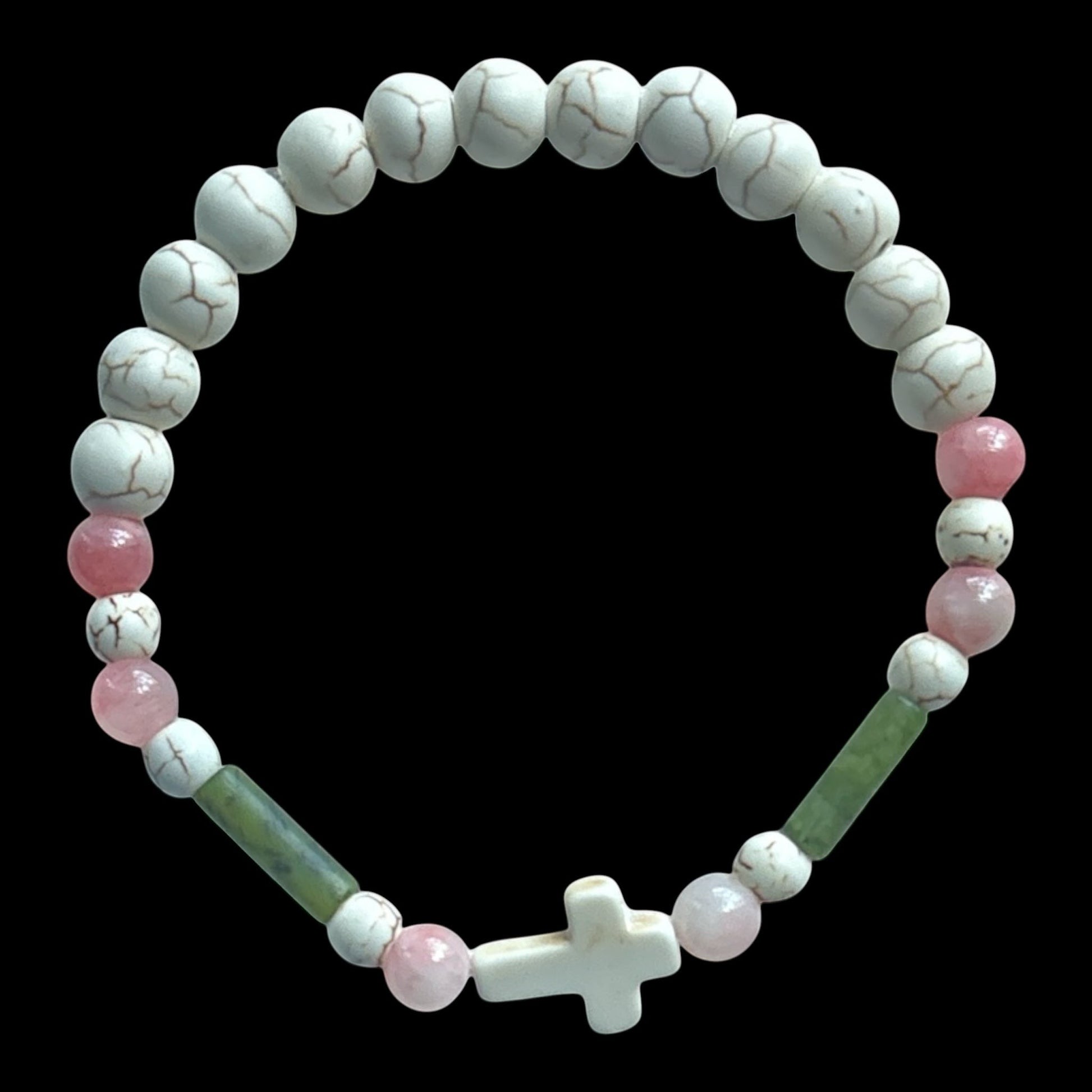 House of Lux Gifts handmade stretch bracelet featuring white turquoise beads, pink and green jade, and a white cross.