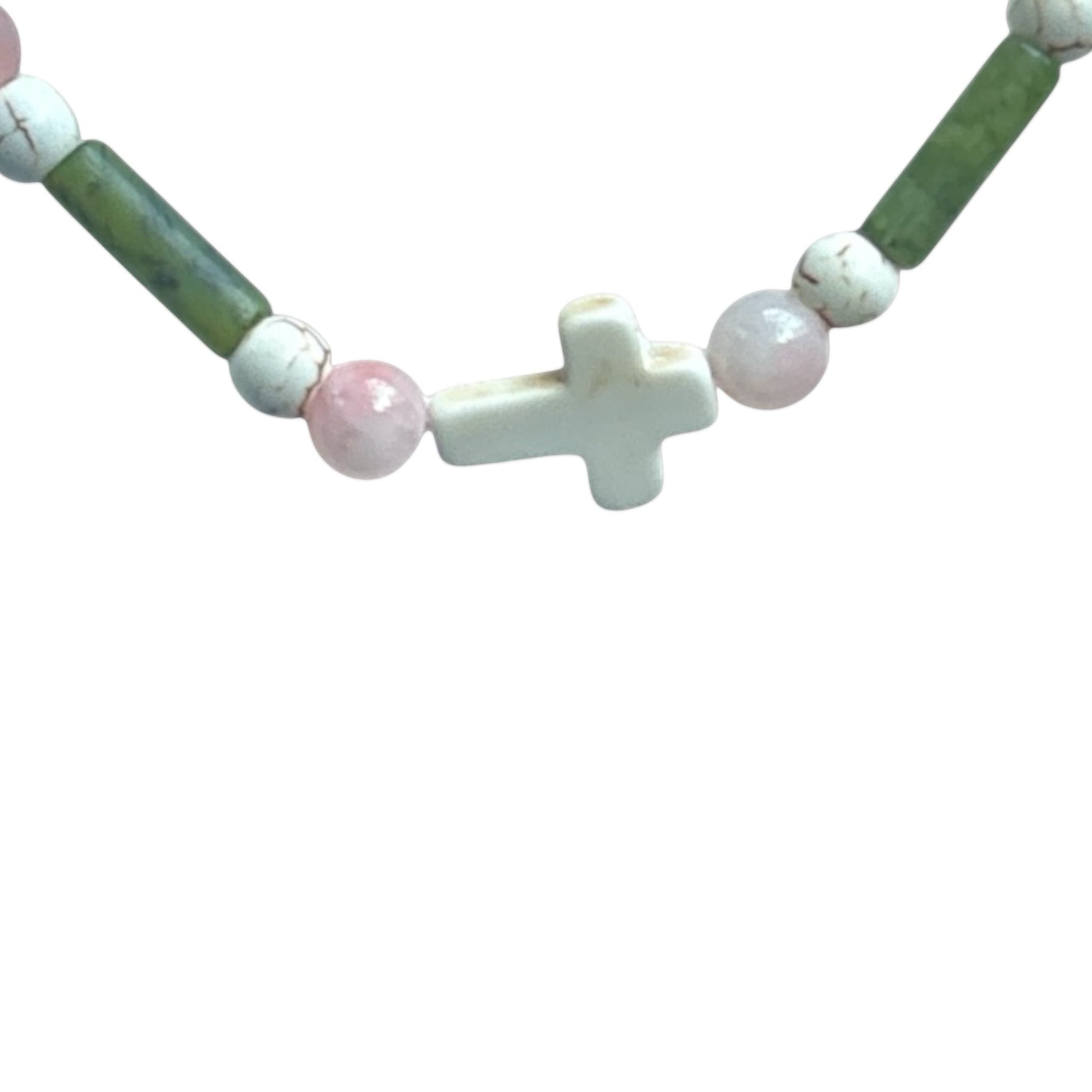 House of Lux Gifts stretch bracelet featuring white turquoise cross, pink jade beads, and green jade tube beads.