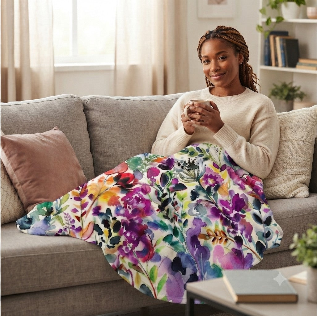 House of Lux Gifts watercolor floral throw blanket with vibrant purple and pink wildflowers on a woman sitting on a sofa