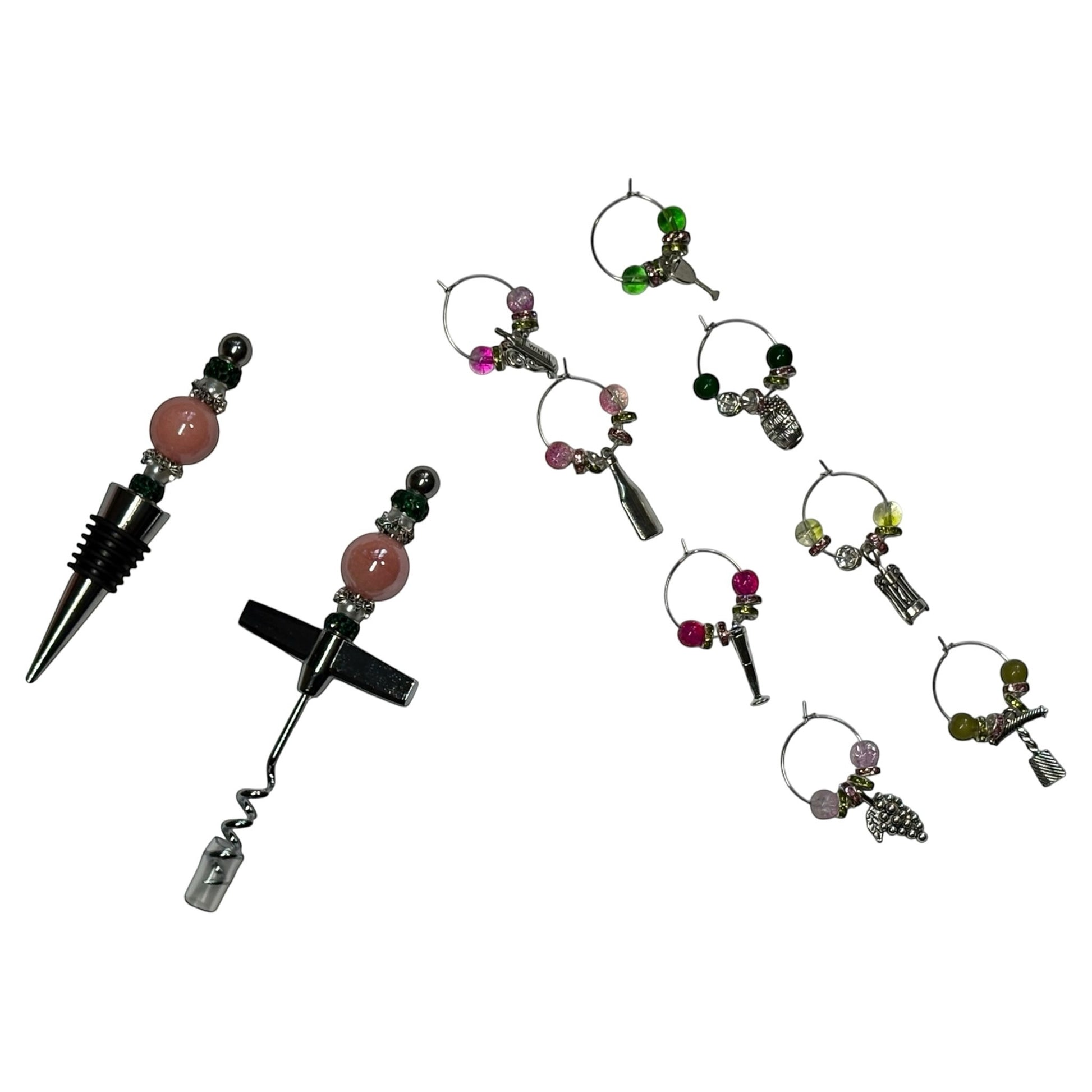 House of Lux Gifts pink and green beaded wine stopper, corkscrew, and set of themed wine glass charms.