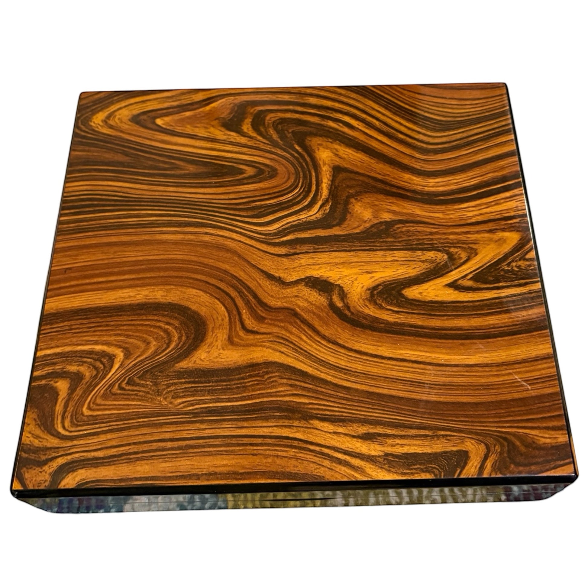 House of Lux Gifts wooden game night box with a polished brown and black swirl wood grain finish