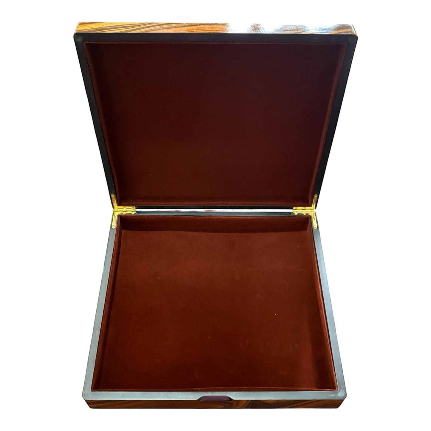 House of Lux Gifts wooden keepsake game night box with a dark red velvet interior lining and gold hinges.