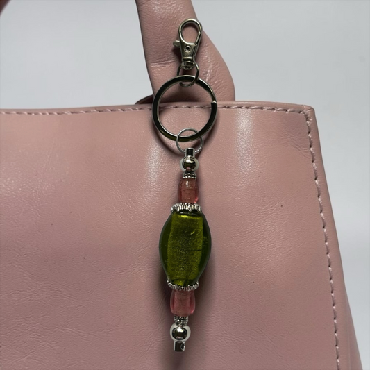 Stately Pink and Green Keychain Bag Charm Handmade Lampwork Glass