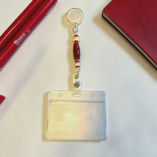 Crimson Cream Glass Beaded Retractable Lanyard ID Holder / Business Executive Gift / Delta Sigma Theta Inspired